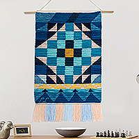 Wool tapestry, 'Inca Portal' - Handwoven Geometric Wool Tapestry in Cool Shades from Peru