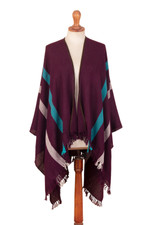 100% baby alpaca ruana, 'Iris Grape' - Striped Purple Ruana Woven from 100% Baby Alpaca with Fringe