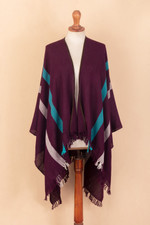 100% baby alpaca ruana, 'Iris Grape' - Striped Purple Ruana Woven from 100% Baby Alpaca with Fringe