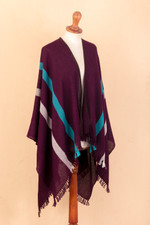 100% baby alpaca ruana, 'Iris Grape' - Striped Purple Ruana Woven from 100% Baby Alpaca with Fringe