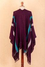 100% baby alpaca ruana, 'Iris Grape' - Striped Purple Ruana Woven from 100% Baby Alpaca with Fringe