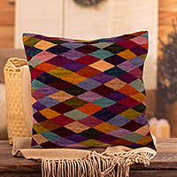 Wool cushion cover, 'Chromatic Diamonds' - Handloomed Diamond-Patterned Colorful Wool Cushion Cover