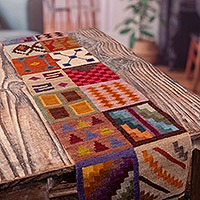 Wool table runner, 'Inca Astrology' - Handwoven Inca-Themed Fringed Wool Table Runner