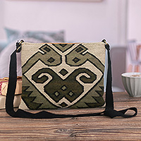 Wool sling bag, 'Forest Rivers' - Inca-Themed Green and Ivory Adjustable Wool Sling Bag