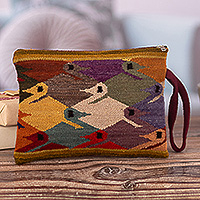 Wool cosmetic bag, 'Oneiric Ducks' - Handwoven Colorful Duck-Themed Wool Cosmetic Bag with Zipper