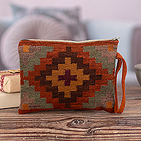 Wool cosmetic bag, 'Chakana Essence' - Handwoven Chakana Patterned Wool Cosmetic Bag with Zipper