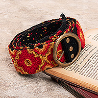 Wool belt, 'Chakana Fire' - Chakana-Themed Red and Black 100% Wool Belt from the Andes