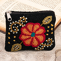 Wool coin purse, 'Soiree Petals' - Knit Floral Orange and Black Wool Coin Purse with Zipper