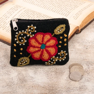 Wool coin purse, 'Soiree Petals' - Knit Floral Orange and Black Wool Coin Purse with Zipper