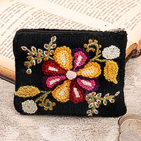 Wool coin purse, 'Spring Petals' - Knit Floral Multicolor on Black Wool Coin Purse with Zipper