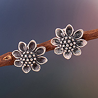 Sterling silver button earrings, 'Floral Buttons' - Sunflower-Shaped Oxidized Sterling Silver Button Earrings