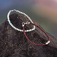 Amazonite and garnet beaded wristband bracelets, 'Serene Elegance' (pair) - Pair of Amazonite Garnet Silver Beaded Wristband Bracelets