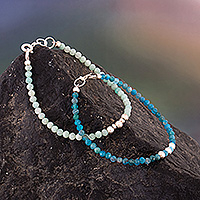 Amazonite and agate beaded wristband bracelets, 'Sea Reflections' (pair) - Pair of Amazonite Agate Silver Beaded Wristband Bracelets