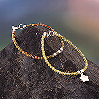 Peridot and unakite beaded wristband bracelets, 'Mystic Glow' (pair) - 2 Peridot Unakite Beaded Bracelets with Silver Star Charm