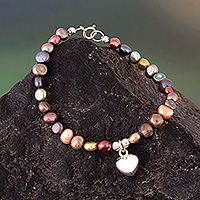 Cultured pearl beaded pendant bracelet, 'Colorful Breeze' - Colorful Cultured Pearl Beaded Bracelet with Heart Pendant