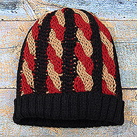 Alpaca blend knit hat, 'Braided Red' - Cable Knit Alpaca Blend Hat in Black and Red Hues