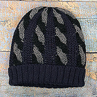 Alpaca blend knit hat, 'Braided Grey' - Cable Knit Alpaca Blend Hat in Navy and Grey Hues