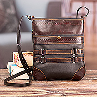 Leather sling bag, 'Andean Explorer' - Adjustable 100% Leather Sling Bag in Brown with Llama Motif