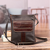 Leather sling bag, 'Urban Explorer' - Adjustable Brown Leather Sling Bag with Embossed Motifs