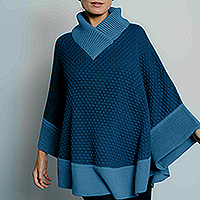 100% baby alpaca poncho, 'Turquoise Illusions' - Patterned Caribbean Blue and Turquoise Baby Alpaca Poncho