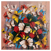 'Tropical Butterflies' - Signed Modern Freestyle Oil Painting of Tropical Butterflies