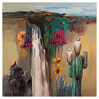 'Guardians of the Stream' (2024) - Andean Landscape Painting of Waterfall Birds and Butterflies