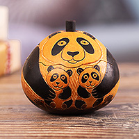 Dried mate gourd decorative box, 'Panda Embrace' - Fair Trade Handcrafted Dried Mate Gourd Panda Decorative Box