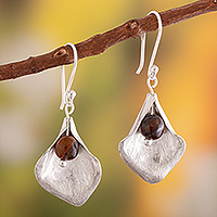 Tiger's eye dangle earrings, 'Sunset Echoes' - Modern Tiger's Eye Silver Abstract Leaf Dangle Earrings