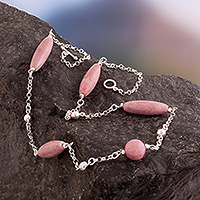 Rhodonite long station necklace, 'Pink Sparks' - Polished Silver Long Station Necklace with Rhodonite Stones