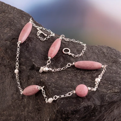 Rhodonite long station necklace, 'Pink Sparks' - Polished Silver Long Station Necklace with Rhodonite Stones