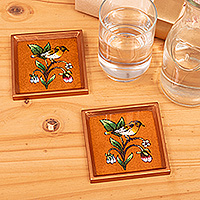 Reverse painted glass coasters, 'Sweet Songbird' (pair) - Pair of Reverse Painted Glass Bird Coasters