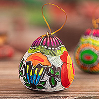 Gourd ornament, 'Harmonious Garden' - Spring-Themed Andean-Made Hand-Painted Dried Gourd Ornament