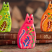 Ceramic statuette, 'Guardian Kitten' (assorted) - Vibrant Floral Ceramic Cat Statuette from Peru