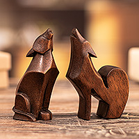 Cedarwood figurines, 'Spirits of the Dawn' (pair) - Two Hand-Carved Minimalist Wolf-Themed Cedarwood Figurines