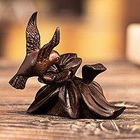 Cedarwood figurine, 'Floral Dance' - Hand-Carved Hummingbird Flower-Themed Cedarwood Figurine