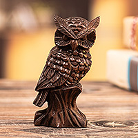 Cedarwood figurine, 'Wings of Mystery' - Hand-Carved Cedarwood Figurine with Owl Motif from Peru