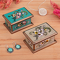 Reverse painted glass decorative boxes, 'Petite Garden' (pair) - 2 Floral-Themed Reverse Painted Glass Decorative Boxes