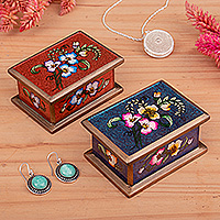 Reverse painted glass decorative boxes, 'Precious Garden' (pair) - 2 Red and Blue Reverse Painted Glass Floral Decorative Boxes