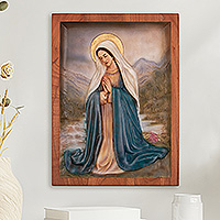 Cedar relief panel, 'Virgin Mary Praying' - Hand-Carved Cedarwood Virgin Mary Relief Panel from Peru