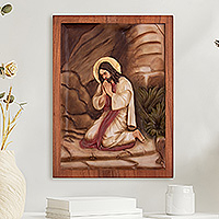 Cedar relief panel, 'Jesus in the Garden' - Artisan-Made Religious Painted Cedarwood Jesus Relief Panel