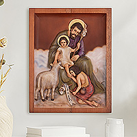 Cedar relief panel, 'Sweet Reverence' - Peruvian Handmade Cedarwood Joseph and Jesus Relief Panel