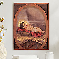 Cedar relief panel, 'The Redeemer is Born' - Handmade Cedarwood and Bronze Leaf Baby Jesus Relief Panel