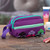 Applique cotton blend cosmetic bag, 'Llama Sunrise' - Cotton Blend Four-Compartment Cosmetic Toiletry Bag