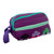 Applique cotton blend cosmetic bag, 'Llama Sunrise' - Cotton Blend Four-Compartment Cosmetic Toiletry Bag