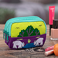 Applique cotton blend cosmetic bag, 'Lovely Llamas' - Cotton Blend Three-Compartment Cosmetic Toiletry Bag