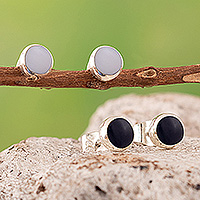 Onyx button earrings, 'Shadow Specks' (pair) - Pair of High-Polished White and Black Onyx Button Earrings