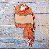 100% baby alpaca shawl, 'Sweet Autumn' - Handwoven Fringed Soft Baby Alpaca Shawl in Orange and Beige