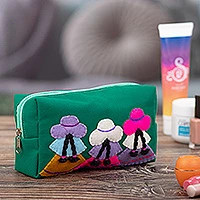Applique cotton blend cosmetic bag, 'Teal Sisters' - Inspirational Teal Green Applique Cotton Blend Cosmetic Bag