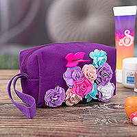 Applique cotton blend cosmetic bag, 'Floral Enchantment' - Floral Butterfly-Themed Applique Cotton Acrylic Cosmetic Bag