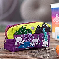 Applique cotton blend cosmetic bag, 'Andean Landscape' - Llama-Themed Applique Cotton and Acrylic Cosmetic Bag